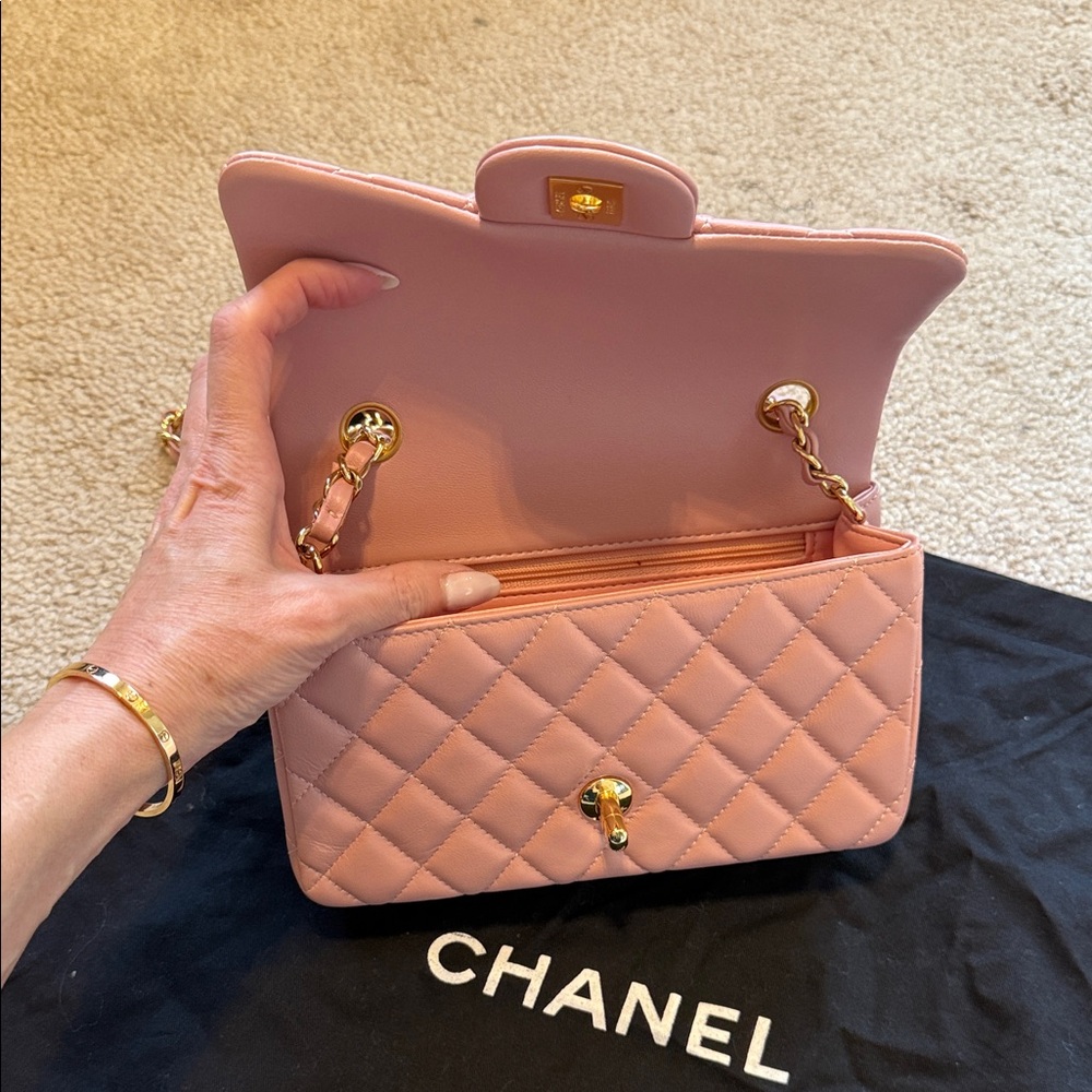 CHANEL Pink Quilted Lambskin Mini Flap Bag with Gold Chain - Picture 4 of 7